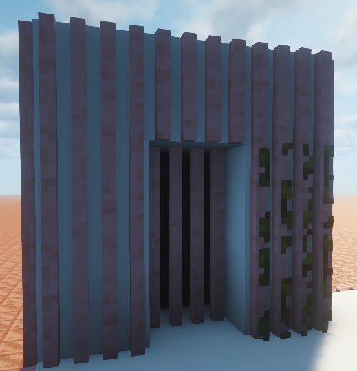 A slat wall with a doorway, vined on one side